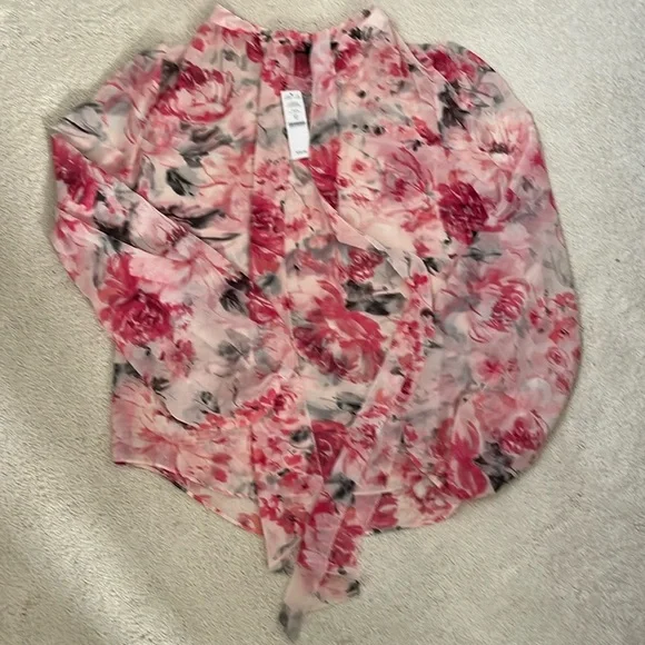 NWT WHBM Long Sleeve Floral Tie-Neck Blouse Size 10 - Picture 3 of 11